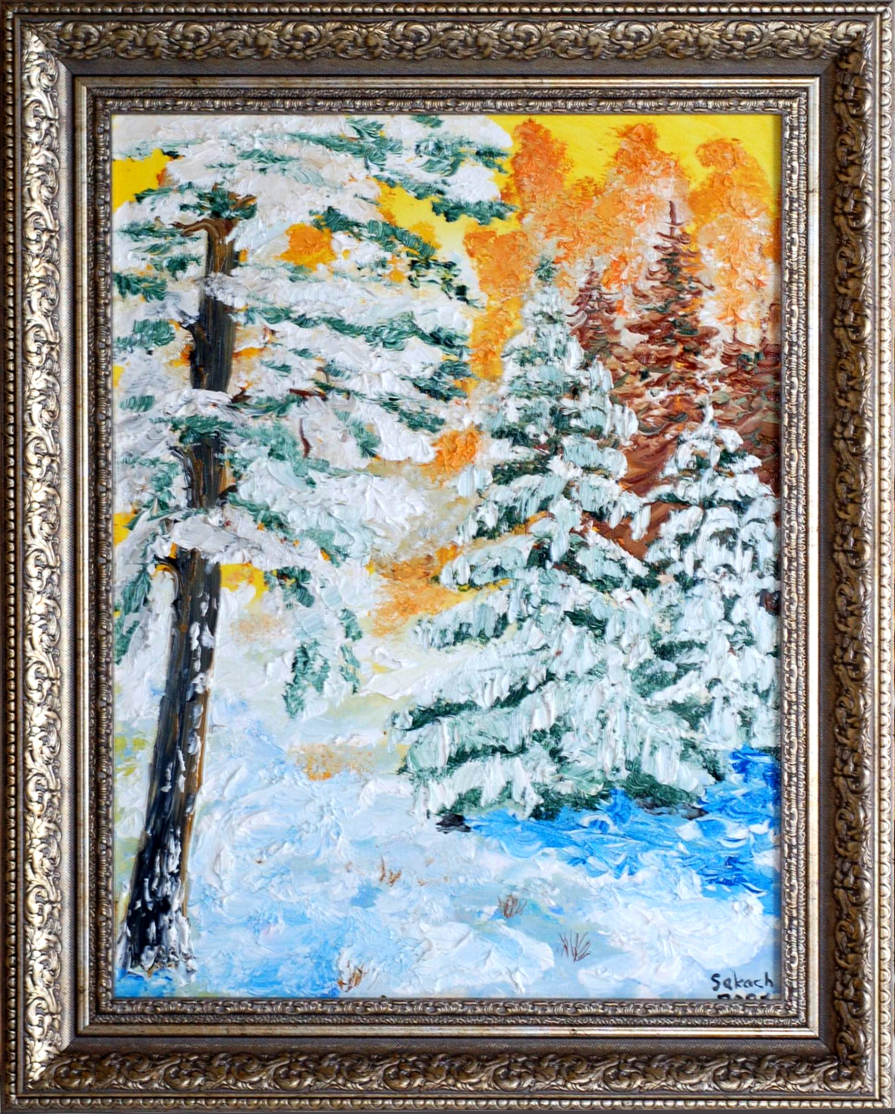 Живопись, холст на картоне маслом, Зимний лес.